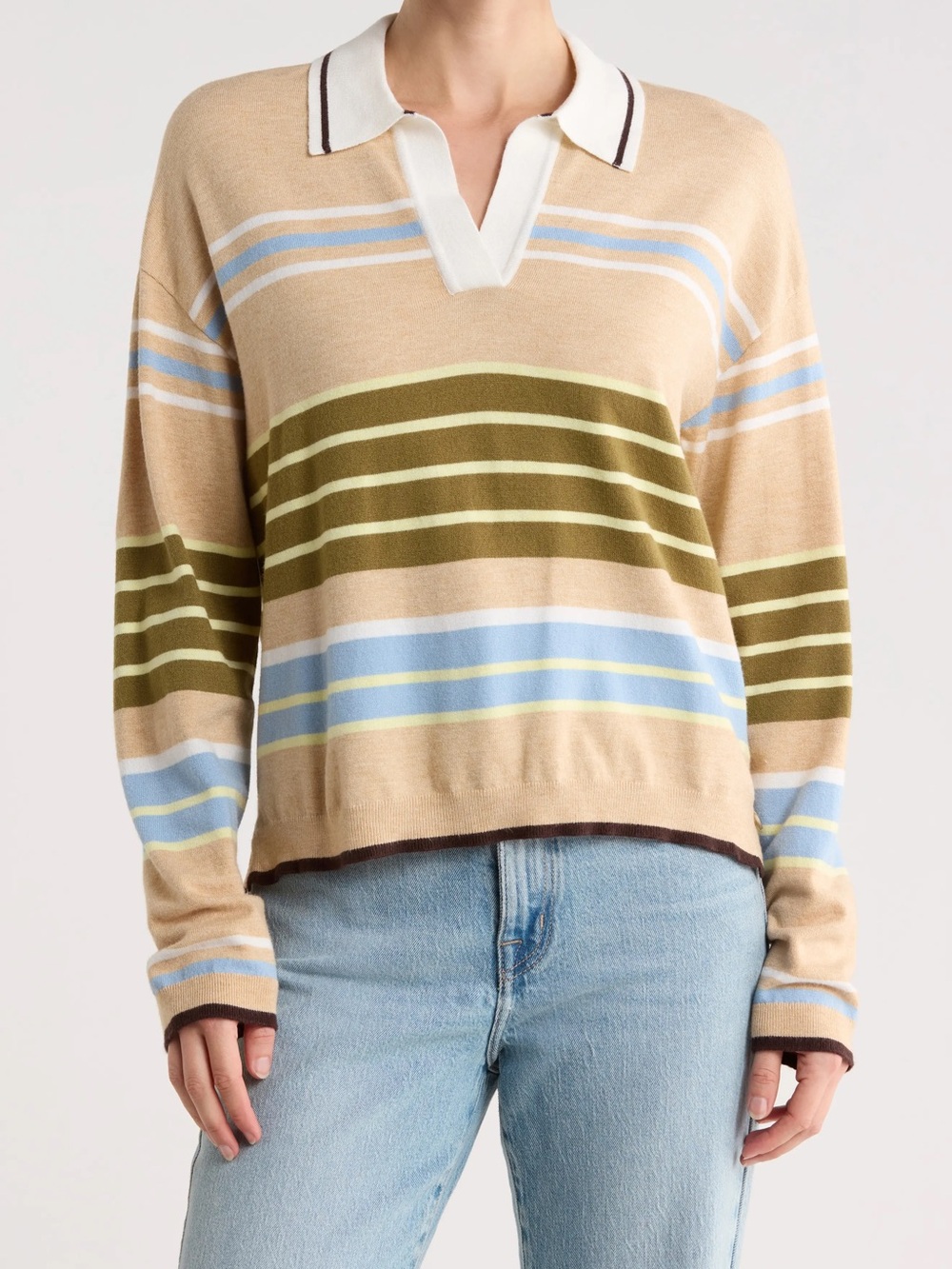 Rugby Sweater - Striped Collared V‑Neck Sweater in Beige, Olive, and Blue